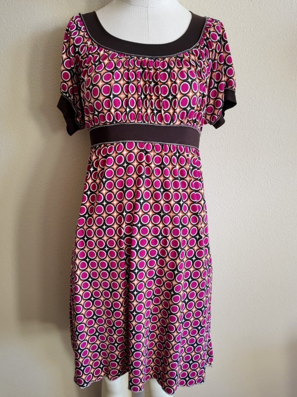 max studio vintage Y2K Geometric circle print pink brown retro dress size XS